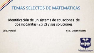 Identificación de un sistema de ecuaciones de
dos incógnitas (2 x 2) y sus soluciones.
TEMAS SELECTOS DE MATEMATICAS
2do. Parcial 6to. Cuatrimestre
 