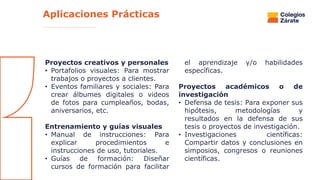 Proyectos creativos y personales
• Portafolios visuales: Para mostrar
trabajos o proyectos a clientes.
• Eventos familiares y sociales: Para
crear álbumes digitales o videos
de fotos para cumpleaños, bodas,
aniversarios, etc.
Entrenamiento y guías visuales
• Manual de instrucciones: Para
explicar procedimientos e
instrucciones de uso, tutoriales.
• Guías de formación: Diseñar
cursos de formación para facilitar
el aprendizaje y/o habilidades
específicas.
Proyectos académicos o de
investigación
• Defensa de tesis: Para exponer sus
hipótesis, metodologías y
resultados en la defensa de sus
tesis o proyectos de investigación.
• Investigaciones científicas:
Compartir datos y conclusiones en
simposios, congresos o reuniones
científicas.
Aplicaciones Prácticas
 