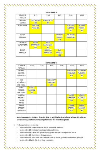 SEPTIEMBRE 16
DOCENTE
TITULAR
6:15 7:10 8:05 9:20 10:15
CATERINE
SUAREZ
ELA OVIEDO-
303
ELA OVIEDO-
303
EDNA VILLA GIGLIOLA
PEREZ-301
GONZALO
HUERTAS-
301
HELBERT
TORRES-
301
ESTELA
SANCHEZ
HELBERT
TORRES-
303
HELBERTH
TORRES-403
ORLANDO
GUACANEME
NELLY
BARRAGAN-
403
NELLY
BARRAGAN-
403
DIANA
AMADOR
GIGLIOLA
PEREZ-301
ELA
OVIEDO-
301
SEPTIEMBRE 17
DOCENTE
TITULAR
6:15 7:10 8:05 9:00 10:15 11:10
HELENA
CORTES-
SALON 212
ALEJANDRA
FUQUENE-
803
ALEJANDRA
FUQUENE-
803
RUBI
RODRÍGUEZ-
LAB FISICA
ALEJANDRA
FUQUENE-
1004
GINA
FORERO-
LAB FISICA
PAOLA
RAMIREZ-
603
ANGELA
MARIN –
TALLER
ARTES
JAVIER
ALMANZA-
703
JAVIER
ALMANZA-
703
DORIS
GARZON-
SALÓN 216
DIANA
CABANA-
902
DIANA
CABANA-
902
Nota: Los docentes titulares deberán dejar la actividad a desarrollar y la llave del salón en
coordinación, para facilitar el acompañamiento del docente asignado.
 Fechas para tener en cuenta:
- Septiembre 11: Finalización del tercer período académico.
- Septiembre 14: Inicio del cuarto período académico.
- Septiembre 18: Cierre del aplicativo apoyo escolar para el ingreso de notas.
- Septiembre 22: Comisiones de evaluación.
- Septiembre 21: Aplicación PRUEBA SER-Artes plásticas, para estudiantes de grado 9º.
- Septiembre 23 y 24: Día de la libre expresión.
 