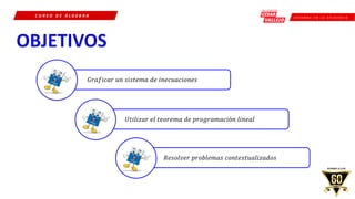 C R E E M O S E N L A E X I G E N C I A
C U R S O D E Á L G E B R A
𝐺𝑟𝑎𝑓𝑖𝑐𝑎𝑟 𝑢𝑛 𝑠𝑖𝑠𝑡𝑒𝑚𝑎 𝑑𝑒 𝑖𝑛𝑒𝑐𝑢𝑎𝑐𝑖𝑜𝑛𝑒𝑠
𝑈𝑡𝑖𝑙𝑖𝑧𝑎𝑟 𝑒𝑙 𝑡𝑒𝑜𝑟𝑒𝑚𝑎 𝑑𝑒 𝑝𝑟𝑜𝑔𝑟𝑎𝑚𝑎𝑐𝑖ó𝑛 𝑙𝑖𝑛𝑒𝑎𝑙
𝑅𝑒𝑠𝑜𝑙𝑣𝑒𝑟 𝑝𝑟𝑜𝑏𝑙𝑒𝑚𝑎𝑠 𝑐𝑜𝑛𝑡𝑒𝑥𝑡𝑢𝑎𝑙𝑖𝑧𝑎𝑑𝑜𝑠
 