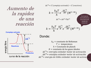 Aumento de
la rapidez
de una
reacción
𝑘 =
𝑘𝐵𝑇
ℎ
𝑒
∆𝑆°‡
𝑅 𝑒−
∆𝐻°‡
𝑅𝑇 (𝑀1−𝑚
)
Donde:
𝑘𝐵 = constante de Boltzman
𝑇 = temperatura
ℎ = Constante de planck
𝑅 = constante de los gases ideales
∆𝑆°‡= 𝑒𝑛𝑡𝑟𝑜𝑝í𝑎 𝑒𝑠𝑡á𝑛𝑑𝑎𝑟 𝑚𝑜𝑙𝑎𝑟 𝑑𝑒 𝑎𝑐𝑡𝑖𝑣𝑎𝑐𝑖ó𝑛
∆𝐻°‡= 𝑒𝑛𝑡𝑎𝑙𝑝í𝑎 𝑒𝑠𝑡á𝑛𝑑𝑎𝑟 𝑚𝑜𝑙𝑎𝑟 𝑑𝑒 𝑎𝑐𝑡𝑖𝑣𝑎𝑐𝑖ó𝑛
∆𝐺°‡= 𝑒𝑛𝑒𝑟𝑔í𝑎 𝑑𝑒 𝐺𝑖𝑏𝑏𝑠 𝑒𝑠𝑡á𝑛𝑑𝑎𝑟 𝑚𝑜𝑙𝑎𝑟 𝑑𝑒 𝑎𝑐𝑡𝑖𝑣𝑎𝑐𝑖ó𝑛
𝑘 =
𝑘𝐵𝑇
ℎ
𝑒−
∆𝐺°‡
𝑅𝑇 (𝑀1−𝑚
)
Formulación
termodinámica
de la teoría del
estado de
transición
∆𝐺°‡
= ∆𝐻°‡
-T∆𝑆°‡
∆𝑮°‡
∆𝑮°‡
Complejo activado
∆𝑮°‡
Reactivos
Productos
∆𝐺°‡
= 𝐺°
𝑐𝑜𝑚𝑝𝑙𝑒𝑗𝑜 𝑎𝑐𝑡𝑖𝑣𝑎𝑑𝑜 − 𝐺°
(𝑟𝑒𝑎𝑐𝑡𝑖𝑣𝑜𝑠)
 