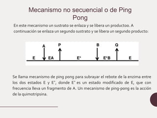 Mecanismo no secuencial o de Ping
Pong
En este mecanismo un sustrato se enlaza y se libera un productoo. A
continuación se enlaza un segundo sustrato y se libera un segundo producto:
Se llama mecanismo de ping pong para subrayar el rebote de la enzima entre
los dos estados E y E*, donde E* es un estado modificado de E, que con
frecuencia lleva un fragmento de A. Un mecanismo de ping-pong es la acción
de la quimotripsina.
 