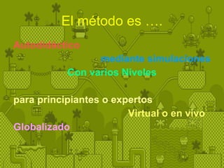 El método es …. Autodidáctico mediante simulaciones Con varios Niveles para principiantes o expertos  Virtual o en vivo   Globalizado 