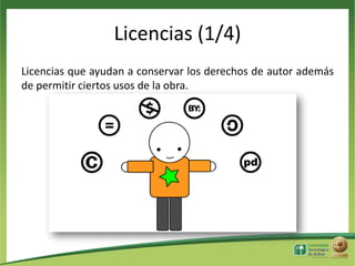Licencias (1/4)
Licencias que ayudan a conservar los derechos de autor además
de permitir ciertos usos de la obra.

 