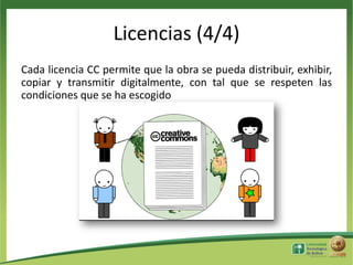 Licencias (4/4)
Cada licencia CC permite que la obra se pueda distribuir, exhibir,
copiar y transmitir digitalmente, con tal que se respeten las
condiciones que se ha escogido

 