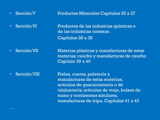 • Sección V Productos Minerales Capítulos 25 a 27
• Sección VI Productos de las industrias químicas o
de las industrias conexas .
Capítulos 28 a 38
• Sección VII Materias plásticas y manufacturas de estas
materias; caucho y manufacturas de caucho
Capitulo 39 a 40
• Sección VIII Pieles, cueros, peletería y
manufacturas de estas materias,
artículos de guarnicionería o de
talabartería; artículos de viaje, bolsos de
mano y continentes similares,
manufacturas de tripa. Capítulos 41 a 43
…
 