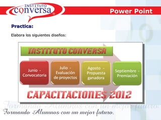 Power Point
Practica:
Elabora los siguientes diseños:

Resultados, No Excusas, Termina todo lo que Empiezas, Trabajo en Equipo

 