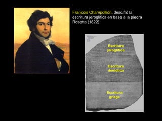 Francois Champollión, descifró la
escritura jeroglífica en base a la piedra
Rosetta (1822)
Escritura
jeroglífica
Escritura
demótica
Escritura
griega
 