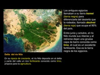 Los antiguos egipcios
llamaban a su tierra kemet
(tierra negra) para
diferenciarla del desierto que
lo rodeaba, llamado deshret
(tierra roja) que ocupa el 90%
del país.
Entre junio y octubre, el río
Nilo inunda sus riberas y al
retirarse dejan una gruesa
capa de barro conocida como
limo, el cual es un excelente
fertilizante. Esa es la tierra
negra de los egipcios.
Delta del río Nilo
En su época de creciente, el río Nilo deposita en el delta
y parte del valle un rico fertilizante conocido como limo,
propicio para la agricultura.
 