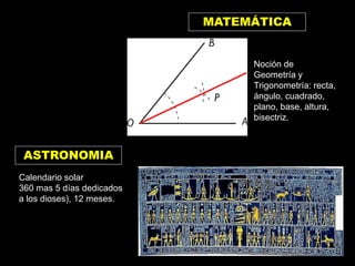 MATEMÁTICA
Noción de
Geometría y
Trigonometría: recta,
ángulo, cuadrado,
plano, base, altura,
bisectriz.
bisectriz
ASTRONOMIA
Calendario solar
360 mas 5 días dedicados
a los dioses), 12 meses.
 