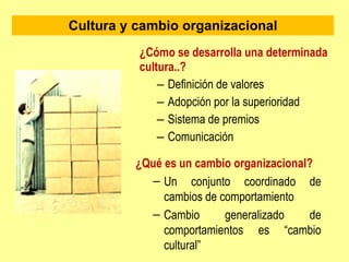 Cultura y cambio organizacional <ul><li>¿Cómo se desarrolla una determinada cultura..? </li></ul><ul><ul><li>Definición de...