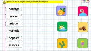 Une con una línea las imágenes con las palabras, según corresponda
naranja
nadar
nieve
nublado
nopales
nueces
Trabajo elaborado por KREAtive TEACHER
 