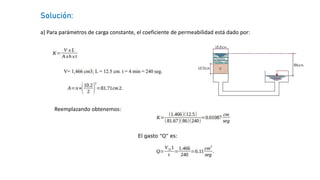 Solución:
a) Para parámetros de carga constante, el coeficiente de permeabilidad está dado por:
Reemplazando obtenemos:
 
