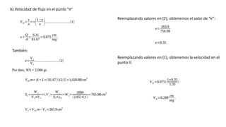 b) Velocidad de flujo en el punto “II”
También:
Reemplazando valores en (2), obtenemos el valor de “e”:
Reemplazando valores en (1), obtenemos la velocidad en el
punto II:
 