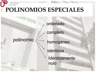 POLINOMIOS ESPECIALES
ordenado
completo

polinomio

homogéneo
idénticos
Idénticamente
nulo

 