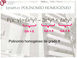 EJEMPLO:

POLINOMIO HOMOGÉNEO

P(x; y)=6x5y3 – 3x4y4 + 6x6y2
GA = 8

GA = 8

Polinomio homogéneo de grado 8

GA = 8

 