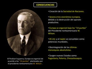 CONSECUENCIAS

                                                • Creación de la Sociedad de Naciones.

                                                • Severa crisis económica europea,
                                                debido a la destrucción del aparato
                                                productivo.

                                                • Europa se organizó bajo los “14 puntos”
                                                del Presidente norteamericano W.
                                                Wilson.

                                                • EE.UU. y el Japón se consolidan como
                                                potencias mundiales.

                                                • Desintegración de las últimas
                                                monarquías absolutistas.

                                                • Surgen nuevos Estados como
Al finalizar la guerra, Europa se organizó de   Yugoslavia, Polonia, Checoslovaquia.
acuerdo a los “14 puntos” planteados por
 el presidente norteamericano W. Wilson .
 