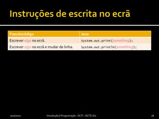 Instruções de escrita no ecrã2010/2011Introdução à Programação - DCTI - ISCTE-IUL18
