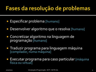 Fases da resolução de problemasEspecificar problema [humano]Desenvolver algoritmo que o resolva [humano]Concretizar algoritmo na linguagem de programação [humano]Traduzir programa para linguagem máquina [compilador, numa máquina]Executar programa para caso particular [máquina física ou virtual]2010/2011Introdução à Programação - DCTI - ISCTE-IUL33