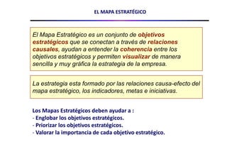 EL MAPA ESTRATÉGICOEl Mapa Estratégico es un conjunto de objetivos estratégicos que se conectan a través de relaciones causales, ayudan a entender la coherencia entre los objetivos estratégicos y permiten visualizar de manera sencilla y muy gráfica la estrategia de la empresa.La estrategia esta formado por las relaciones causa-efectodel mapa estratégico, los indicadores, metas e iniciativas.Los Mapas Estratégicos deben ayudar a : Englobar los objetivos estratégicos.