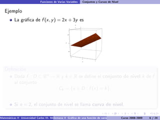 Funciones de Varias Variables    Conjuntos y Curvas de Nivel


   Ejemplo
           La gráca de         f (x , y ) = 2x + 3y           es




   Denición
           Dada     f : D ⊂ Rn → R             y   k ∈R        se dene el      conjunto de nivel k               de   f
           al conjunto
                                             Ck = {x ∈ D : f (x ) = k }.


           Si   n = 2,    el conjunto de nivel se llama                 curva de nivel.

Matemáticas II Universidad Carlos III. Madrid () 4 Gráca de una función de varias variables. Curso 2008-2009
                                        Semana                                                 Curvas y supercies de nivel. L
                                                                                                                    6 / 24
 
