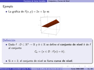 Funciones de Varias Variables    Conjuntos y Curvas de Nivel


   Ejemplo
           La gráca de         f (x , y ) = 2x + 3y           es




   Denición
           Dada     f : D ⊂ Rn → R             y   k ∈R        se dene el      conjunto de nivel k               de   f
           al conjunto
                                             Ck = {x ∈ D : f (x ) = k }.


           Si   n = 2,    el conjunto de nivel se llama                 curva de nivel.

Matemáticas II Universidad Carlos III. Madrid () 4 Gráca de una función de varias variables. Curso 2008-2009
                                        Semana                                                 Curvas y supercies de nivel. L
                                                                                                                    6 / 24
 