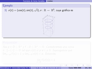 Funciones de Varias Variables                              Límites

   Ejemplo
                                      √
     3)    σ(t ) = (cos (t ), sin(t ), t ), σ : R → R3 ,                                                                 cuya gráca es

                                                                                        -1.0
                                                                                        1.0
                                                                                               - 0.5
                                                                                  0.5                  0.0
                                                                                                             0.5
                                                                            0.0                                    1.0
                                                                     -0.5
                                                         -1.0



                                                         4




                                                             3




                                                             2




                                                                 1




                                                                 0




   Proposición
   Sea p ∈ D ⊂ Rn y f : D ⊂ Rn → R. Consideremos una curva
   σ : [−ε, ε] → D tal que σ(t ) = p si t = 0. Supongamos que
   limx →p f (x ) = L y limt →0 σ(t ) = p. Entonces,


                                                 lim    f (σ(t )) = L
                                                 t →0

Matemáticas II Universidad Carlos III. Madrid () 4 Gráca de una función de varias variables. Curvas y supercies 14 nivel. L
                                        Semana                                              Curso 2008-2009       de / 24
 