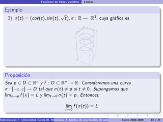 Funciones de Varias Variables                              Límites

   Ejemplo
                                      √
     3)    σ(t ) = (cos (t ), sin(t ), t ), σ : R → R3 ,                                                                 cuya gráca es

                                                                                        -1.0
                                                                                        1.0
                                                                                               - 0.5
                                                                                  0.5                  0.0
                                                                                                             0.5
                                                                            0.0                                    1.0
                                                                     -0.5
                                                         -1.0



                                                         4




                                                             3




                                                             2




                                                                 1




                                                                 0




   Proposición
   Sea p ∈ D ⊂ Rn y f : D ⊂ Rn → R. Consideremos una curva
   σ : [−ε, ε] → D tal que σ(t ) = p si t = 0. Supongamos que
   limx →p f (x ) = L y limt →0 σ(t ) = p. Entonces,


                                                 lim    f (σ(t )) = L
                                                 t →0

Matemáticas II Universidad Carlos III. Madrid () 4 Gráca de una función de varias variables. Curvas y supercies 14 nivel. L
                                        Semana                                              Curso 2008-2009       de / 24
 