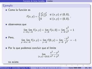Funciones de Varias Variables     Límites

   Ejemplo
           Como la función es
                                                      x 2 −y 2
                                                      x 2 +y 2
                                                                      si   (x , y ) = (0, 0),
                                   f (x , y ) =                                                 ,
                                                      0               si   (x , y ) = (0, 0).

           observemos que

                                                                                         x2
                                lim lim     f (x , y ) =       lim    f (x , 0) =   lim      =1
                               x →0 y →0                       x →0                 x →0 x 2

           Pero,                                                                        −y 2
                             lim lim     f (x , y ) =     lim    f (0, y ) =      lim           = −1
                            y →0 x →0                     y →0                   y →0     y2

           Por lo que podemos concluir que el límite

                                                                 x2 − y2
                                                          lim
                                                   (x ,y )→(0,0) x 2 + y 2

           no existe.

Matemáticas II Universidad Carlos III. Madrid () 4 Gráca de una función de varias variables. Curvas y supercies 19 nivel. L
                                        Semana                                              Curso 2008-2009       de / 24
 