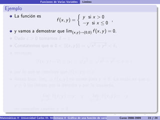 Funciones de Varias Variables   Límites

   Ejemplo
           La función es                                        y   si   x 0
                                           f (x , y ) =                         ,
                                                                −y       six ≤0
           y vamos a demostrar que lim(x ,y )→(0,0)                      f (x , y ) = 0.
           Dado     ε0       tomamos        δ = ε.
           Constatemos que si 0               ||(x , y )|| =            x 2 + y 2  δ,
           entonces

                           |f (x , y ) − 0| = |y | =               y2 ≤        x 2 + y 2  δ = ε,

           por lo que se concluye que                 |f (x , y )|  ε.
           Ahora bien. limx →0           f (x , y )   no existe para          y = 0.    La razón es que si
           y =0      los límites por la derecha y por la izquierda,


                                 lim    f (x , y ) = y         y         lim    f (x , y ) = −y
                               x →0+                                  x →0−

           no coinciden cuando             y = 0.
Matemáticas II Universidad Carlos III. Madrid () 4 Gráca de una función de varias variables. Curvas y supercies 23 nivel. L
                                        Semana                                              Curso 2008-2009       de / 24
 
