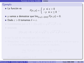 Funciones de Varias Variables   Límites

   Ejemplo
           La función es                                        y   si   x 0
                                           f (x , y ) =                         ,
                                                                −y       six ≤0
           y vamos a demostrar que lim(x ,y )→(0,0)                      f (x , y ) = 0.
           Dado     ε0       tomamos        δ = ε.
           Constatemos que si 0               ||(x , y )|| =            x 2 + y 2  δ,
           entonces

                           |f (x , y ) − 0| = |y | =               y2 ≤        x 2 + y 2  δ = ε,

           por lo que se concluye que                 |f (x , y )|  ε.
           Ahora bien. limx →0           f (x , y )   no existe para          y = 0.    La razón es que si
           y =0      los límites por la derecha y por la izquierda,


                                 lim    f (x , y ) = y         y         lim    f (x , y ) = −y
                               x →0+                                  x →0−

           no coinciden cuando             y = 0.
Matemáticas II Universidad Carlos III. Madrid () 4 Gráca de una función de varias variables. Curvas y supercies 23 nivel. L
                                        Semana                                              Curso 2008-2009       de / 24
 
