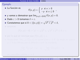 Funciones de Varias Variables   Límites

   Ejemplo
           La función es                                        y   si   x 0
                                           f (x , y ) =                         ,
                                                                −y       six ≤0
           y vamos a demostrar que lim(x ,y )→(0,0)                      f (x , y ) = 0.
           Dado     ε0       tomamos        δ = ε.
           Constatemos que si 0               ||(x , y )|| =            x 2 + y 2  δ,
           entonces

                           |f (x , y ) − 0| = |y | =               y2 ≤        x 2 + y 2  δ = ε,

           por lo que se concluye que                 |f (x , y )|  ε.
           Ahora bien. limx →0           f (x , y )   no existe para          y = 0.    La razón es que si
           y =0      los límites por la derecha y por la izquierda,


                                 lim    f (x , y ) = y         y         lim    f (x , y ) = −y
                               x →0+                                  x →0−

           no coinciden cuando             y = 0.
Matemáticas II Universidad Carlos III. Madrid () 4 Gráca de una función de varias variables. Curvas y supercies 23 nivel. L
                                        Semana                                              Curso 2008-2009       de / 24
 