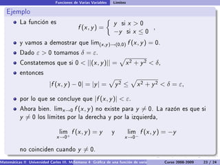 Funciones de Varias Variables   Límites

   Ejemplo
           La función es                                        y   si   x 0
                                           f (x , y ) =                         ,
                                                                −y       six ≤0
           y vamos a demostrar que lim(x ,y )→(0,0)                      f (x , y ) = 0.
           Dado     ε0       tomamos        δ = ε.
           Constatemos que si 0               ||(x , y )|| =            x 2 + y 2  δ,
           entonces

                           |f (x , y ) − 0| = |y | =               y2 ≤        x 2 + y 2  δ = ε,

           por lo que se concluye que                 |f (x , y )|  ε.
           Ahora bien. limx →0           f (x , y )   no existe para          y = 0.    La razón es que si
           y =0      los límites por la derecha y por la izquierda,


                                 lim    f (x , y ) = y         y         lim    f (x , y ) = −y
                               x →0+                                  x →0−

           no coinciden cuando             y = 0.
Matemáticas II Universidad Carlos III. Madrid () 4 Gráca de una función de varias variables. Curvas y supercies 23 nivel. L
                                        Semana                                              Curso 2008-2009       de / 24
 