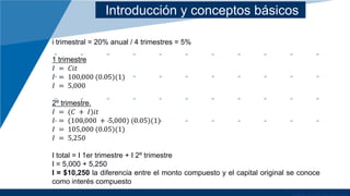 Introducción y conceptos básicos
i trimestral = 20% anual / 4 trimestres = 5%
1 trimestre
𝐼 = 𝐶𝑖𝑡
𝐼 = 100,000 (0.05)(1)
𝐼 = 5,000
2º trimestre.
𝐼 = (𝐶 + 𝐼)𝑖𝑡
𝐼 = (100,000 + 5,000) (0.05)(1)
𝐼 = 105,000 (0.05)(1)
𝐼 = 5,250
I total = I 1er trimestre + I 2º trimestre
I = 5,000 + 5,250
I = $10,250 la diferencia entre el monto compuesto y el capital original se conoce
como interés compuesto
 