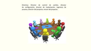 Directivo: Director de control de cambio, director
de configuración, director de implantación, ingeniero de
proceso, director del proyecto, revisor del proyecto.
 
