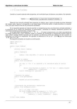 Algoritmos y estructuras de datos Notas de clase
12
}
} // fin clase PrueCadena
Cuando un usuario ejecute este programa, se le solicitará que introduzca una cadena. Por ejemplo:
| H | o | l | a | | ¿ | q | u | é | | t | a | l | ? | 0 | 0 | ...Cadena
Observar que el bucle utilizado para examinar la cadena, para i igual a 0 accede al primer elemento
del vector, para i igual a 1 al segundo, y asi hasta llegar al final del vector o hasta encontrar un caracter
nulo ('O') que indica el final de los caracteres tecleados.
En el siguiente ejemplo se trata de escribir un programa que lea una línea de la entrada estándar y
la almacene en un vector de caracteres. A continuación, utilizando un método, deseamos convertir los
caracteres escritos en minúsculas, a mayúsculas.
En la tabla ASCII los caracteres 'A', ..., `Z', `a', ... , 'z' estan consecutivos y en orden ascendente de
su codigo (valores 65 a 122). Entonces, pasar un caracter de minúsculas a mayúsculas supone restar al
valor entero (codigo ASCII) asociado con el caracter, la diferencia entre los códigos de ese caracter en
minúscula y el mismo en mayúscula. Por ejemplo, la diferencia 'a'-'A' es 97 - 32 = 65, y es la misma que
`b'-'B', que 'c'-'C', etc.
El programa completo se muestra a continuación.
import java.io.*;
import In;
public class Cadena2
{
private char[] cadena;
public Cadena2()
{
cadena = new char[80]; // vector de caracteres
}
//carga la cadena
public void setCadena()
{
int car, i = 0; // un carácter y el subindice para el vector
try
{
while ((car=System.in.read()) != 'r' && i < cadena.length)
cadena[i++] = (char)car;
}catch (IOException ignorada) {}
}
//muestra la cadena
public void getCadena()
{
System.out.println(cadena);
}
//convierte las minúsculas a mayúsculas
public void setMayusculas()
{
int i = 0, desp = 'a'-'A';
for (i=0; i<cadena.length && cadena[i] != '0'; i++)
if (cadena[i] >= 'a' && cadena[i] <= 'z')
cadena[i] = (char) (cadena[i] – desp);
}
}//fin clase Cadena
 