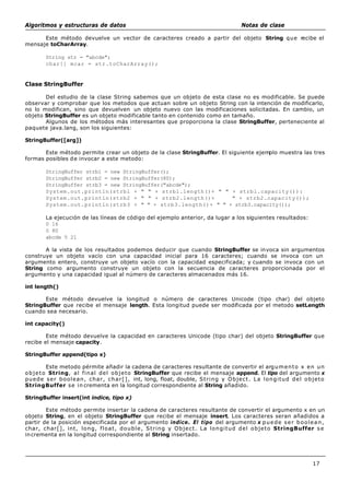 Algoritmos y estructuras de datos Notas de clase
17
Este método devuelve un vector de caracteres creado a partir del objeto String que recibe el
mensaje toCharArray.
String str = "abcde";
char[] mcar = str.toCharArray();
Clase StringBuffer
Del estudio de la clase String sabemos que un objeto de esta clase no es modificable. Se puede
observar y comprobar que los metodos que actuan sobre un objeto String con la intención de modificarlo,
no lo modifican, sino que devuelven un objeto nuevo con las modificaciones solicitadas. En cambio, un
objeto StringBuffer es un objeto modificable tanto en contenido como en tamaño.
Algunos de los métodos más interesantes que proporciona la clase StringBuffer, perteneciente al
paquete java.lang, son los siguientes:
StringBuffer([arg])
Este método permite crear un objeto de la clase StringBuffer. El siguiente ejemplo muestra las tres
formas posibles de invocar a este metodo:
StringBuffer strbl = new StringBuffer();
StringBuffer strb2 = new StringBuffer(80);
StringBuffer strb3 = new StringBuffer("abcde");
System.out.println(strbl + " " + strbl.length()+ " " + strbl.capacity()):
System.out.println(strb2 + " " + strb2.length()+ " + strb2.capacity());
System.out.println(strb3 + " " + strb3.length()+ " " + strb3.capacity());
La ejecución de las líneas de código del ejemplo anterior, da lugar a los siguientes resultados:
0 16
0 80
abcde 5 21
A la vista de los resultados podemos deducir que cuando StringBuffer se invoca sin argumentos
construye un objeto vacío con una capacidad inicial para 16 caracteres; cuando se invoca con un
argumento entero, construye un objeto vacío con la capacidad especificada; y cuando se invoca con un
String como argumento construye un objeto con la secuencia de caracteres proporcionada por el
argumento y una capacidad igual al número de caracteres almacenados más 16.
int length()
Este método devuelve la longitud o número de caracteres Unicode (tipo char) del objeto
StringBuffer que recibe el mensaje length. Esta longitud puede ser modificada por el metodo setLength
cuando sea necesario.
int capacity()
Este método devuelve la capacidad en caracteres Unicode (tipo char) del objeto StringBuffer que
recibe el mensaje capacity.
StringBuffer append(tipo x)
Este metodo pérmite añadir la cadena de caracteres resultante de convertir el argumento x en un
objeto String, al final del objeto StringBuffer que recibe el mensaje append. El tipo del argumento x
puede ser boolean, char, char[], int, long, float, double, String y Object. La longitud del objeto
StringBuffer se in crementa en la longitud correspondiente al String añadido.
StringBuffer insert(int indice, tipo x)
Este método permite insertar la cadena de caracteres resultante de convertir el argumento x en un
objeto String, en el objeto StringBuffer que recibe el mensaje insert. Los caracteres seran añadidos a
partir de la posición especificada por el argumento indice. El tipo del argumento x puede ser boolean,
char, char[], int, long, float, double, String y Object. La longitud del objeto StringBuffer se
incrementa en la longitud correspondiente al String insertado.
 