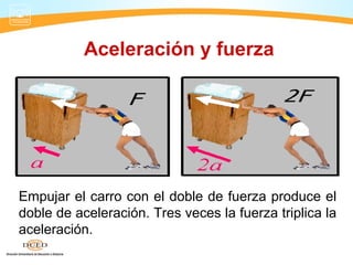 Aceleración y fuerza
Empujar el carro con el doble de fuerza produce el
doble de aceleración. Tres veces la fuerza triplica la
aceleración.
 