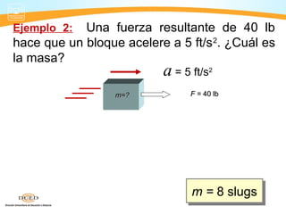 Ejemplo 2: Una fuerza resultante de 40 lb
hace que un bloque acelere a 5 ft/s2
. ¿Cuál es
la masa?
F =F = 40 lb40 lbm=?m=?
a = 5 ft/s2
m = 8 slugsm = 8 slugs
or
F
F ma m
a
= =
2
40 lb
5 ft/s
F
m
a
= =
 