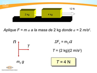 2 kg 4 kg
12 N
Aplique F = m a a la masa de 2 kg donde a = 2 m/s2
.
T
n
m2 g
ΣFx = m2 a
T = (2 kg)(2 m/s2
)
T = 4 NT = 4 N
 