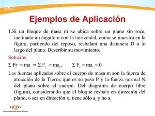 Ejemplos de Aplicación
1.Si un bloque de masa m se ubica sobre un plano sin roce,
inclinado un ángulo α con la horizontal, como se muestra en la
figura, partiendo del reposo, resbalará una distancia D a lo
largo del plano. Describir su movimiento.
Solución
Σ Fr = ma Σ F⇒ X = maX, Σ FY = maY = 0
Las fuerzas aplicadas sobre el cuerpo de masa m son la fuerza de
atracción de la Tierra, que es su peso P y la fuerza normal N
del plano sobre el cuerpo. Del diagrama de cuerpo libre
(figura), considerando que el bloque resbala en dirección del
plano, o sea en dirección x, tiene sólo ax y no ay
 