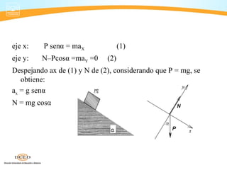 eje x: P senα = maX (1)
eje y: N–Pcosα =maY =0 (2)
Despejando ax de (1) y N de (2), considerando que P = mg, se
obtiene:
ax = g senα
N = mg cosα
 