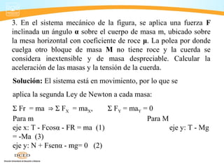 3. En el sistema mecánico de la figura, se aplica una fuerza F
inclinada un ángulo α sobre el cuerpo de masa m, ubicado sobre
la mesa horizontal con coeficiente de roce μ. La polea por donde
cuelga otro bloque de masa M no tiene roce y la cuerda se
considera inextensible y de masa despreciable. Calcular la
aceleración de las masas y la tensión de la cuerda.
Solución: El sistema está en movimiento, por lo que se
aplica la segunda Ley de Newton a cada masa:
Σ Fr = ma Σ F⇒ X = maX, Σ FY = maY = 0
Para m Para M
eje x: T - Fcosα - FR = ma (1) eje y: T - Mg
= -Ma (3)
eje y: N + Fsenα - mg= 0 (2)
 