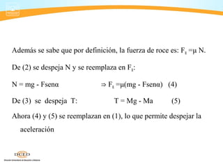Además se sabe que por definición, la fuerza de roce es: FR =μ N.
De (2) se despeja N y se reemplaza en FR:
N = mg - Fsenα ⇒ FR =μ(mg - Fsenα) (4)
De (3) se despeja T: T = Mg - Ma (5)
Ahora (4) y (5) se reemplazan en (1), lo que permite despejar la
aceleración
 