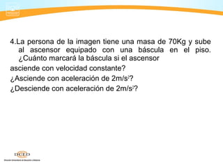 4.La persona de la imagen tiene una masa de 70Kg y sube
al ascensor equipado con una báscula en el piso.
¿Cuánto marcará la báscula si el ascensor
asciende con velocidad constante?
¿Asciende con aceleración de 2m/s2
?
¿Desciende con aceleración de 2m/s2
?
 