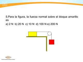5.Para la figura, la fuerza normal sobre el bloque amarillo
es
a) 2 N b) 20 N c) 10 N d) 100 N e) 200 N
 