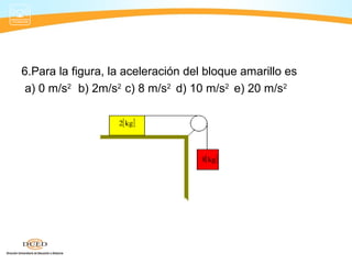 6.Para la figura, la aceleración del bloque amarillo es
a) 0 m/s2
b) 2m/s2
c) 8 m/s2
d) 10 m/s2
e) 20 m/s2
[ ]kg2
[ ]kg8
 