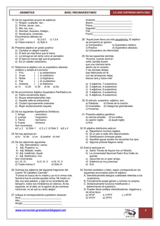 GRAMÁTICA NIVEL PREUNIVERSITARIO LIC.JOSÉ CONTRERAS SANTA CRUZ
www.correccion-gramatical.blogspot.com 2
19. De los siguientes grupos de adjetivos:
1) Ningún, cualquier, tan...
2) Primer, tercer, cien...
3) Mis, tus, sus....
4) Navidad, doquiera, hidalgo...
5) Norabuena, noramala...
Encontramos aféresis en:
a) 1,3,4 b) 2,4,5 c) 1,3,4
d) Todos menos 4 e) Sólo 5
20. Presenta adjetivo en grado positivo:
a) Cantaba un alegre ruiseñor.
b) El león es más feroz que la hiena.
c) La tortuga es tan lenta como el camaleón.
d) El tigre es menos ágil que el guepardo.
e) Es un caballo vistosísimo.
21. Relaciona el adjetivo con su superlativo absoluto
sintético y señala el incorrecto:
1. Frío ( ) a) ardientísimo
2. Cruel ( ) b) nobilísimo
3. Noble ( ) c) frigidísimo
4. Fiel ( ) d) crudelísimo
5. Ardiente ( ) e) fidelísimo
a) 1c b) 2d c) 3b d) 4e e) 5a
22. No encontramos Adjetivo Superlativo Perifrástico en:
a) Padre sumamente digno.
b) Buque extremadamente viejo.
c) Aquella calle es antiquísima.
d) Ciudad rigurosamente ordenada.
e) Mujer excesivamente coqueta.
23. De los siguientes Superlativos Sintéticos:
1. Amigo : amicísimo
2. Luengo : longuísimo
3. Tierno : tiernísimo
4. Fuerte : fortísimo
Son incorrectos:
a)1 y 3 b) Sólo 1 c) 2 y 3 d) Sólo 3 e)2 y 4
24. No hay apócope en:
a) tu b) de c) un d) postrer e) mal
25. De las relaciones siguientes:
I. Adj. Demostrativo: varios.
II. Adj. Posesivo: tu.
III. Adj. Múltiplo: medio.
IV. Adj. Indefinido: Aquél.
V. Adj. Distributivo: mío
Son incorrectas:
a) I, III, IV b) II, IV, V c) III, IV, V
d) Todas menos II e) Sólo IV
26. Subraye los adjetivos del siguiente fragmento del
cuento “El Caballero Carmelo”:
“Fuimos en busca de mi madre y ya no lo vimos más.
Sombría fue la comida aquella noche. Mi madre no
dijo una sola palabra, y bajo la luz amarillenta del
lamparín, todos nos mirábamos en silencio. Al día
siguiente, en el alba, en la agonía de las sombras
nocturnas, no se oyó su canto alegre”.
27. Indique el correspondiente superlativo absoluto:
Acre:______________________________
Alto:_______________________________
Amigo:_____________________________
Ardiente:___________________________
Bueno:_____________________________
Pobre:_____________________________
Sagrado:___________________________
Fiel:_______________________________
Pulcro:_____________________________
28. “Aquel joven lleva una vida paupérrima. El adjetivo
se encuentra en género:
a) Comparativo b) Superlativo relativo.
c) Positivo d) Superlativo absoluto.
e) Comparativo de inferioridad.
29. De las siguientes estrofas:
“Anoche, cuando dormía”,
soñé; bendita ilusión
que una colmena tenía
dentro de mi corazón.
Y las doradas abejas
iban fabricando en él,
con las amarguras viejas
blanca cera y dulce miel”
a) 5 adjetivos, 7 sustantivos
b) 3 adjetivos, 4 sustantivos
c) 4 adjetivos, 6 sustantivos
d) 3 adjetivos, 5 sustantivos
e) 6 adjetivos, 8 sustantivos
30. El artículo, sustantivo, adjetivo, son:
a) Palabras d) Partes de la oración.
b) Invariables e) Categorías gramaticales
c) Fonemas
31. Presenta adjetivo gentilicio:
a) camisa amarilla d) tus anillos
b) casimir inglés e) aquel inglés
c) N.A
32. El adjetivo distributivo está en:
a) Repartieron muchos regalos.
b) Di un pan a cada niño desconsolado.
c) Distribuyeron chompas grises.
d) Aquellas aguas azules me recuerdan tus ojos.
e) Algunos jóvenes llegaron tarde.
33. Está la apócope en:
a) Santo Tomás de Aquino fue un filósofo.
b) La Universidad Nacional Pedro Ruiz Gallo es
grande.
c) Jesucristo es un gran amigo.
d) Edelmira es muy preciosa
e) N.A.
34. Escribe verdadero o falso, según corresponda en los
siguientes enunciados sobre el adjetivo:
A. Semánticamente designa cualidades referidas a los
sustantivos.
B. Formalmente posee género y número no propios.
C. Sintácticamente funciona modificando o
determinando al sustantivo.
D. Pueden llevar prefijos intensificadores, negativos y
de otros tipos.
a) VFVF b ) FFFF c ) VFVF
d) VVVV e) VFFV
 