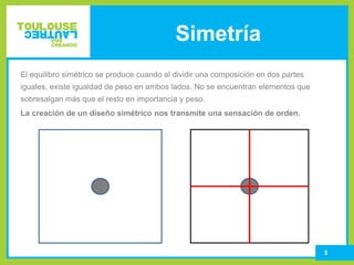 Simetría
El equilibro simétrico se produce cuando al dividir una composición en dos partes
iguales, existe igualdad de peso en ambos lados. No se encuentran elementos que
sobresalgan más que el resto en importancia y peso.
La creación de un diseño simétrico nos transmite una sensación de orden.
5
 