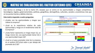 MATRIZ DE EVALUACION DEL FACTOR EXTERNO (EFE)
Esta técnica es análoga a la de la matriz EFI, excepto que se centra en las oportunidades y riesgos competitivos,
tecnológicos, legales, gubernamentales, políticas, geográficas, demográficas, culturales, sociales y económicas más que
en los puntos fuertes y débiles internos.
Esta matriz responde a cuatro preguntas:
• ¿Cuáles son las oportunidades y riesgos que
rodean la empresa?
• ¿Cuál es la importancia relativa de cada
oportunidad y riesgo en el rendimiento total de
la empresa?
• ¿Cada factor representa un riesgo mayor (1), un
riesgo menor (2), una oportunidad menor (3) ó
una oportunidad mayor (4)?
• ¿Cuál es el peso promedio total de la empresa
en el análisis EFE?¿Está sobre o por debajo del
promedio de 2.50?
 
